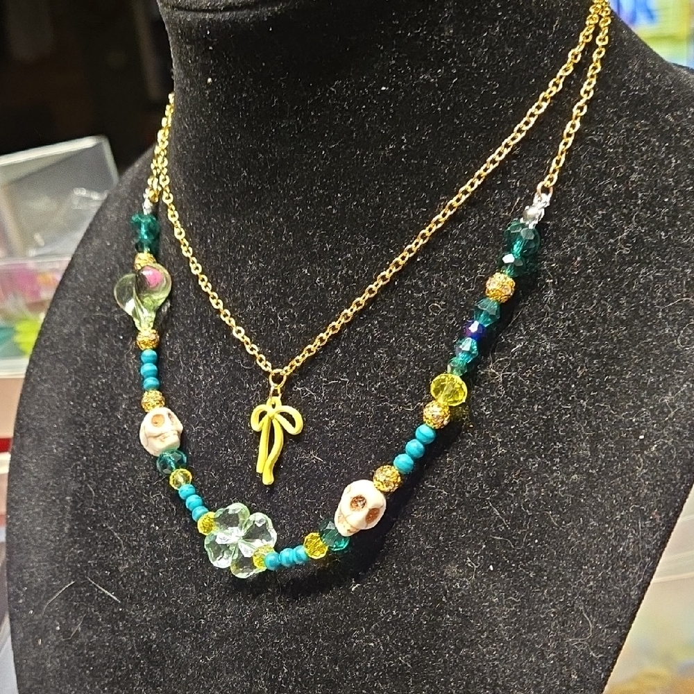 Whimsygoth Gold and Green Beaded Necklace